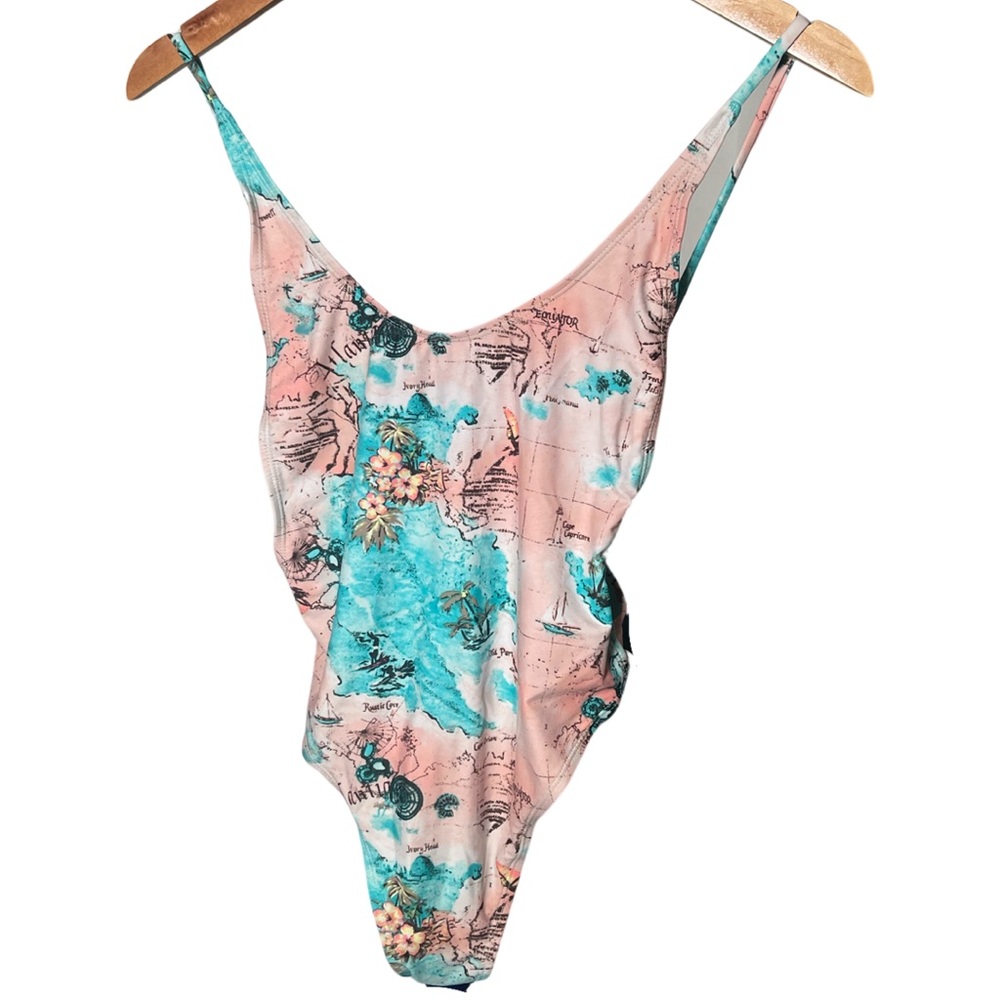 Opened back, map print once piece swimsuit